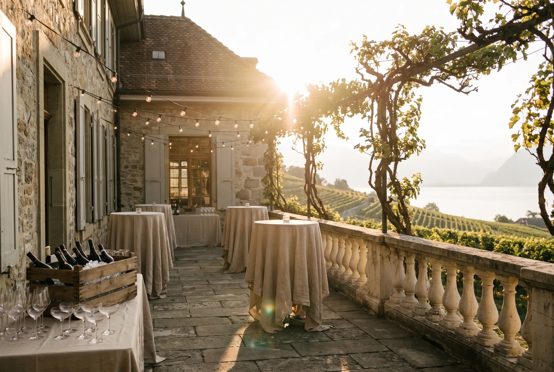 Steinterrasse im Gegenlicht der tiefen Sonne, Stehtische mit Leinen, Lichterkette unter einer alten Pergola, dahinter Rebterrassen und See.