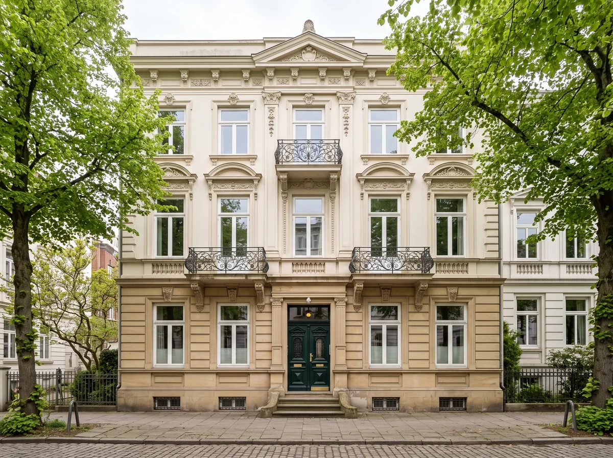 Cremefarbene Gründerzeitfassade mit schmiedeeisernen Balkonen und dunkelgrüner Haustür