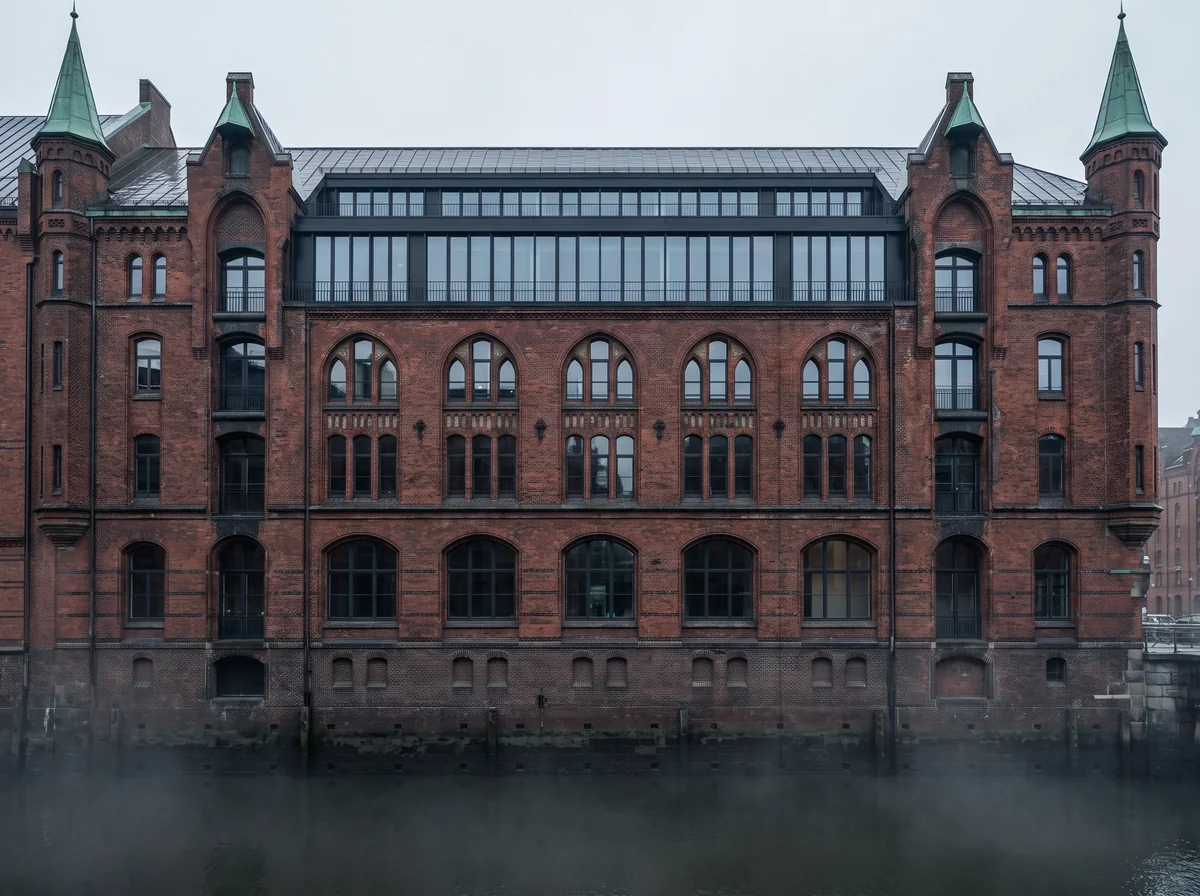 Roter Backsteinspeicher am Kanal mit grünen Kupfertürmchen und modern verglastem Dachgeschoss