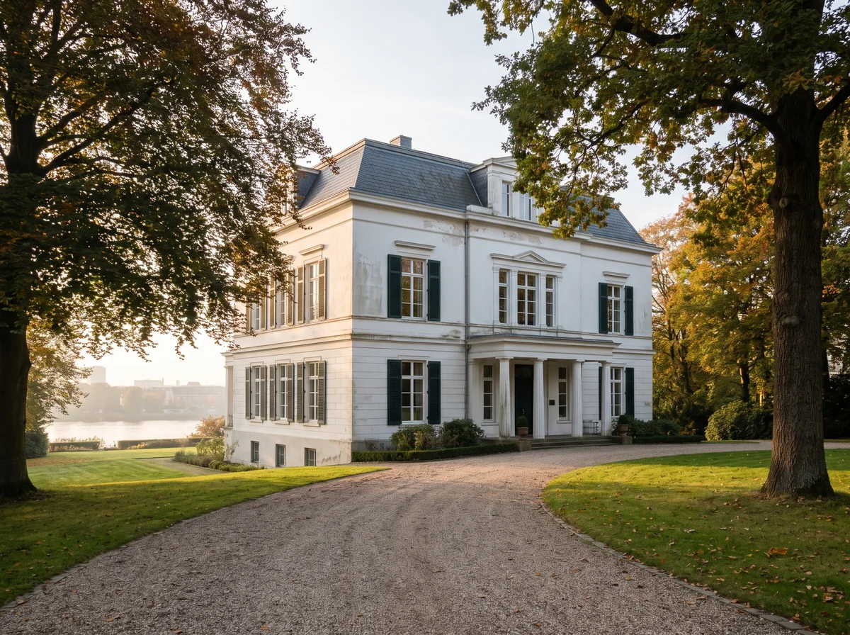 Weisse klassizistische Villa mit Säulenportikus, davor eine Auffahrt und alte Buchen